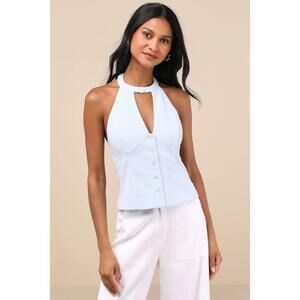 Lulus Pamula Light Blue Halter Button-front Top - Size M